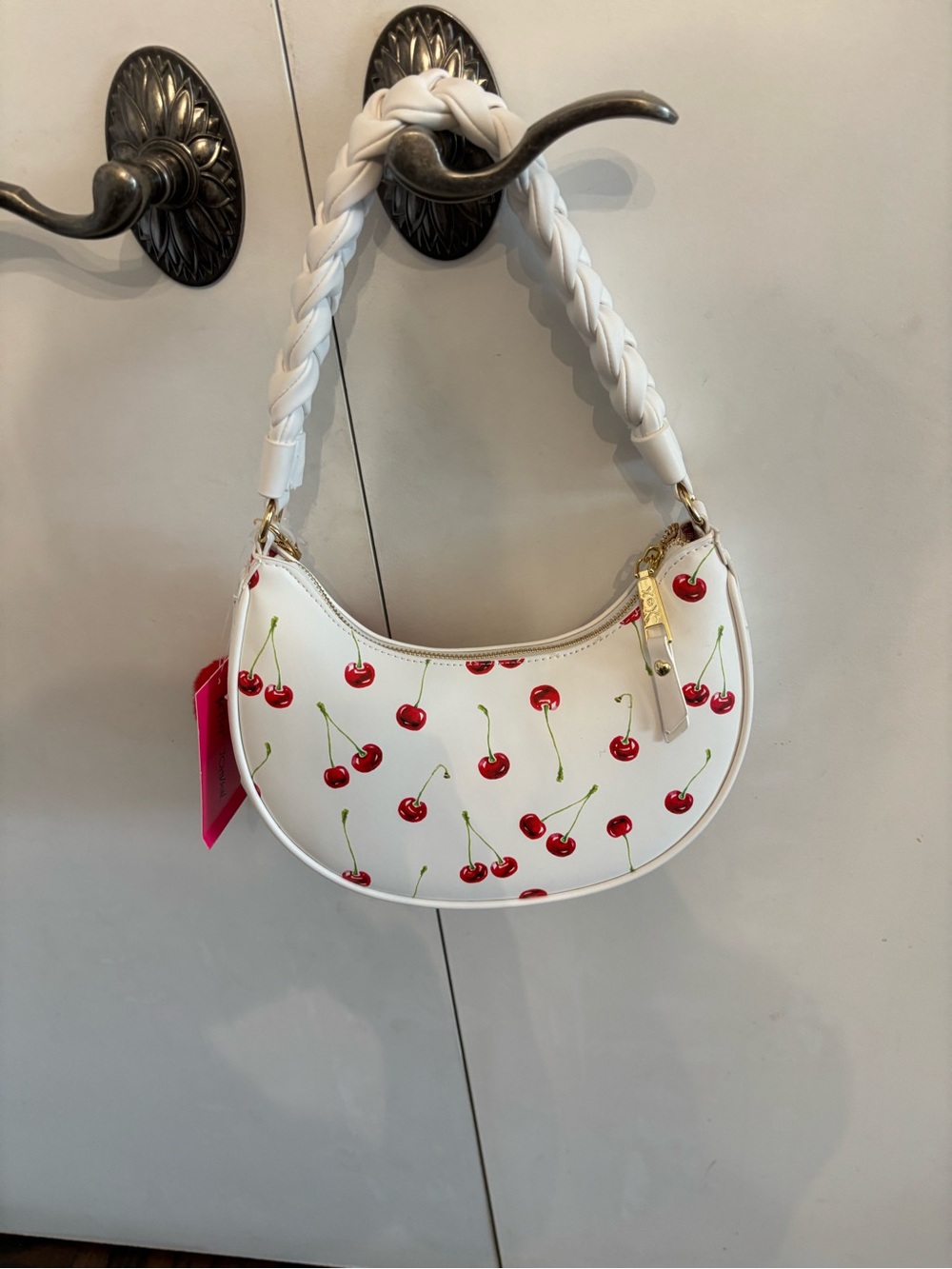 New Betsey Johnson White Cherry Print Shoulder Bag Pom Pom cherries vegan $108 - Picture 2 of 7